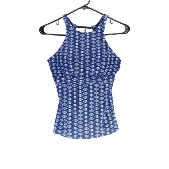 Athleta Tangier High Neck Tankini Top 32D /DD Blue Open Back Underwire Swimwear - Picture 1 of 12